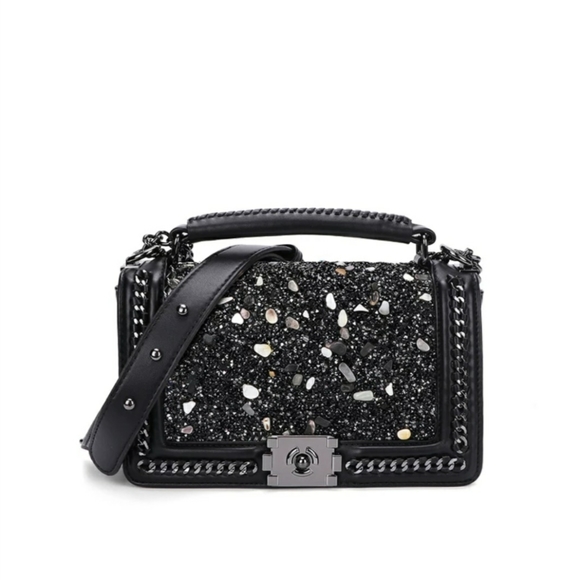 BLACK HAND BAG WITH TAN STONES.(KELOLA DS)BRAND SIZE 26'16'11 CM - Picture 4 of 4